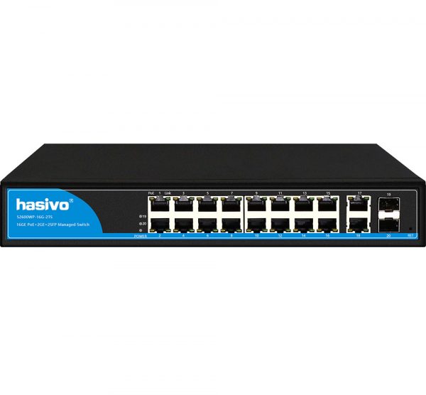 Hasivo Managed 16 Ports Gigabit POE + 2 Gigabit RJ45 Uplinks + 2 Gigabit SFP Uplinks